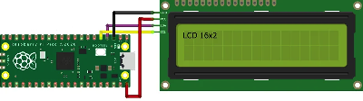 A diagram of the Raspberry Pi Pico connected to an 16x2 Character LCD Display by I2C bus.