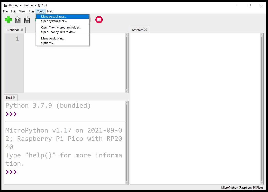 Selecting Manage Packages from the Tools menu in Thonny