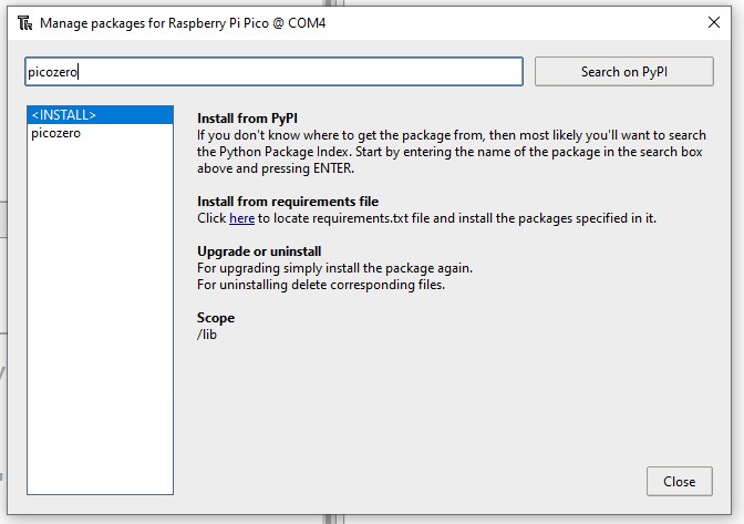 picozero entered in the Search box of the Manage Packages window in Thonny