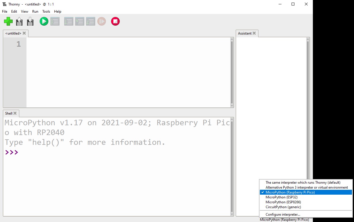 Thonny IDE pastki o'ng burchagidagi interpretator menyusidan MicroPython (Raspberry Pi Pico)-ni tanlash