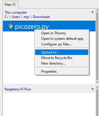 picozero.py fayl menyusida tanlangan "Upload to /" varianti